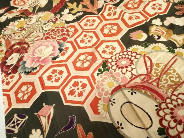 平和屋本店●アンティーク 大正ロマン 振袖 駒刺繍 舞鶴花鼓文 黒地 金彩 正絹 逸品 AABN8093cs