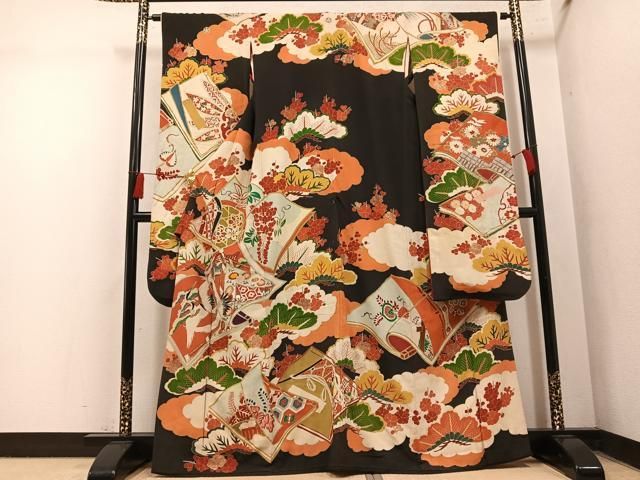 平和屋本店●アンティーク 大正ロマン 振袖 刺繍 群れ鶴草花文 黒地 金彩 正絹 逸品 AABN8301ph