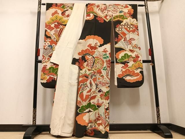 平和屋本店●アンティーク 大正ロマン 振袖 刺繍 群れ鶴草花文 黒地 金彩 正絹 逸品 AABN8301ph