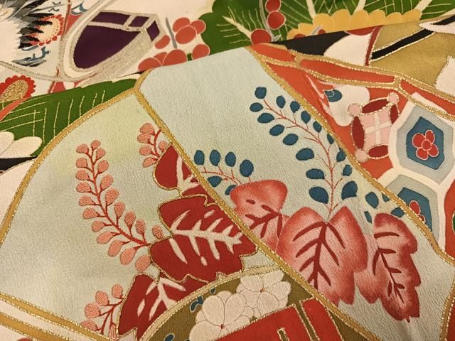 平和屋本店●アンティーク 大正ロマン 振袖 刺繍 群れ鶴草花文 黒地 金彩 正絹 逸品 AABN8301ph