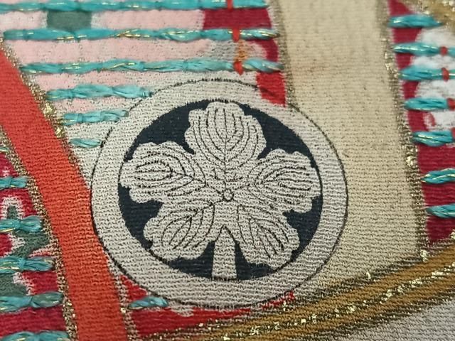 平和屋本店●アンティーク 大正ロマン 振袖 刺繍 群れ鶴草花文 黒地 金彩 正絹 逸品 AABN8301ph