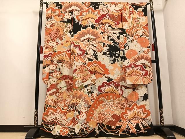 平和屋本店●アンティーク 大正ロマン 振袖 駒刺繍 檜扇群れ鶴花文 黒地 金彩 正絹 逸品 AABN8304ph