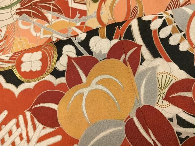 平和屋本店●アンティーク 大正ロマン 振袖 駒刺繍 檜扇群れ鶴花文 黒地 金彩 正絹 逸品 AABN8304ph