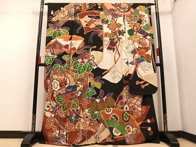 平和屋本店●アンティーク 大正ロマン 振袖 駒刺繍 草花吉祥鼓文 黒地 金彩 正絹 逸品 AABN8305ph