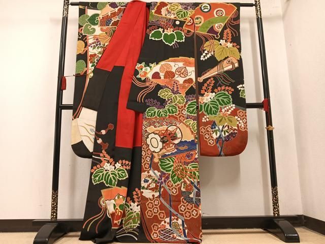 平和屋本店●アンティーク 大正ロマン 振袖 駒刺繍 草花吉祥鼓文 黒地 金彩 正絹 逸品 AABN8305ph