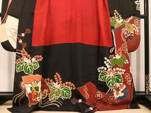 平和屋本店●アンティーク 大正ロマン 振袖 駒刺繍 草花吉祥鼓文 黒地 金彩 正絹 逸品 AABN8305ph