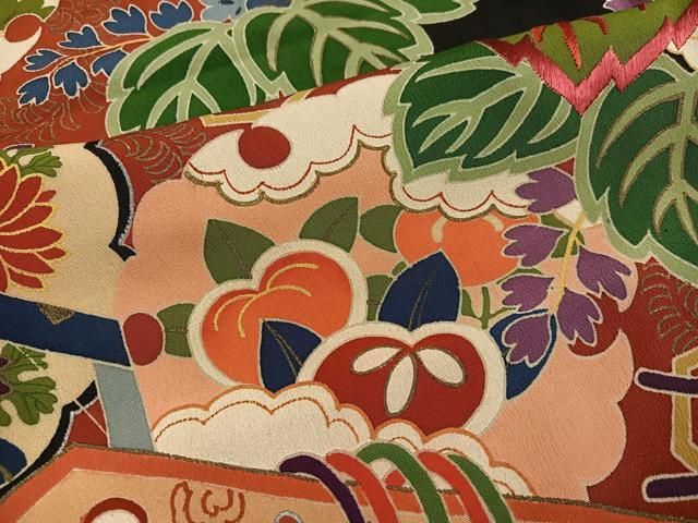 平和屋本店●アンティーク 大正ロマン 振袖 駒刺繍 草花吉祥鼓文 黒地 金彩 正絹 逸品 AABN8305ph