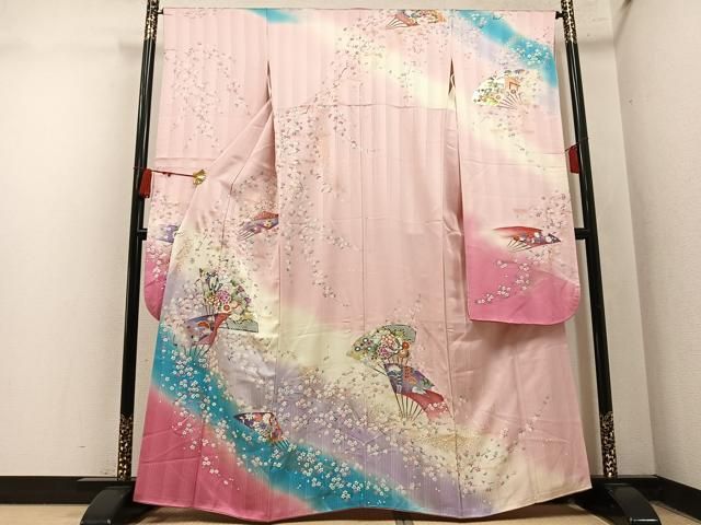 平和屋着物●豪華振袖 扇面草花舞蝶文 暈し染め 金銀彩 正絹 逸品 AABN8317ph