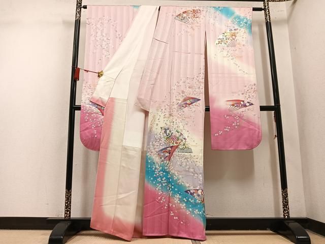 平和屋着物●豪華振袖 扇面草花舞蝶文 暈し染め 金銀彩 正絹 逸品 AABN8317ph