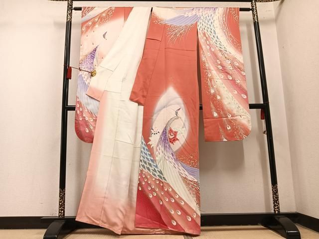 平和屋着物●豪華振袖 刺繍 孔雀文 暈し染め 金銀彩 正絹 逸品 AABN8319ph