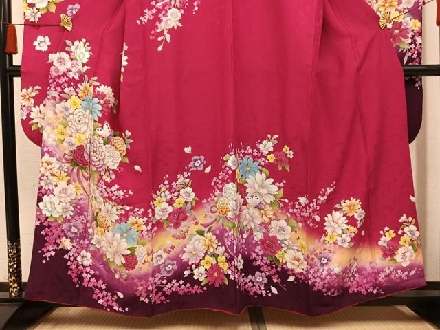 平和屋着物●豪華振袖 刺繍 花蝶文 暈し染め 金糸 正絹 逸品 AABN8329ph
