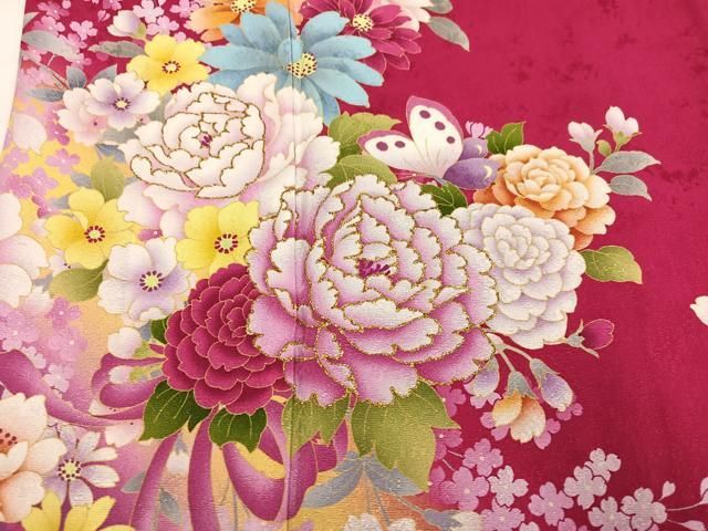 平和屋着物●豪華振袖 刺繍 花蝶文 暈し染め 金糸 正絹 逸品 AABN8329ph