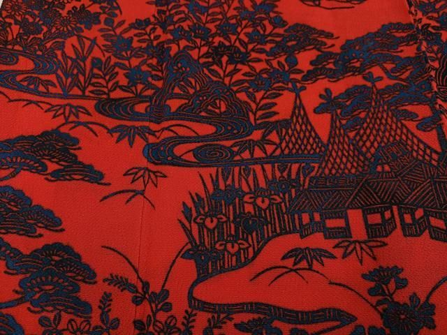 平和屋着物●訪問着 型染め 風景草花文 鬼しぼ縮緬 正絹 逸品 AABN8358ph