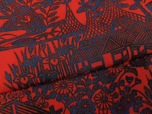 平和屋着物●訪問着 型染め 風景草花文 鬼しぼ縮緬 正絹 逸品 AABN8358ph