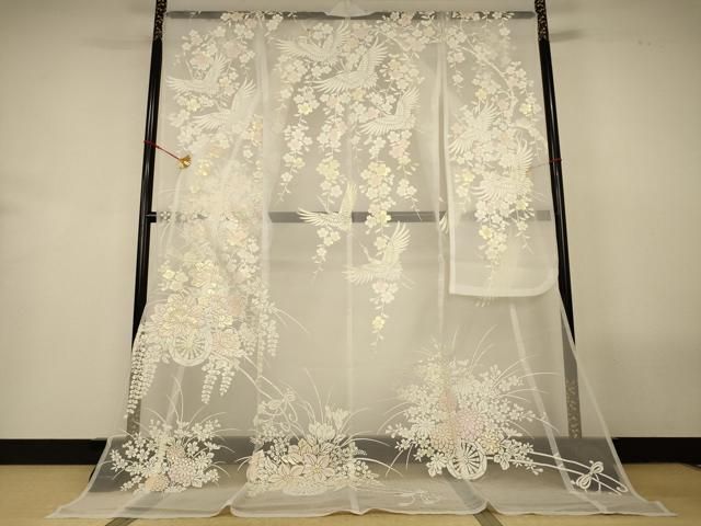 平和屋着物*夏物 お引きずり・お引き摺り・引き振袖 オーガンジー 花車飛鶴文 洗える着物 AABN8488jd