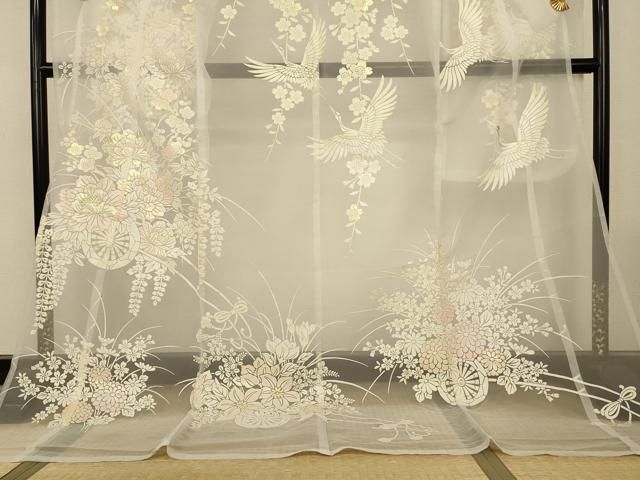 平和屋着物*夏物 お引きずり・お引き摺り・引き振袖 オーガンジー 花車飛鶴文 洗える着物 AABN8488jd
