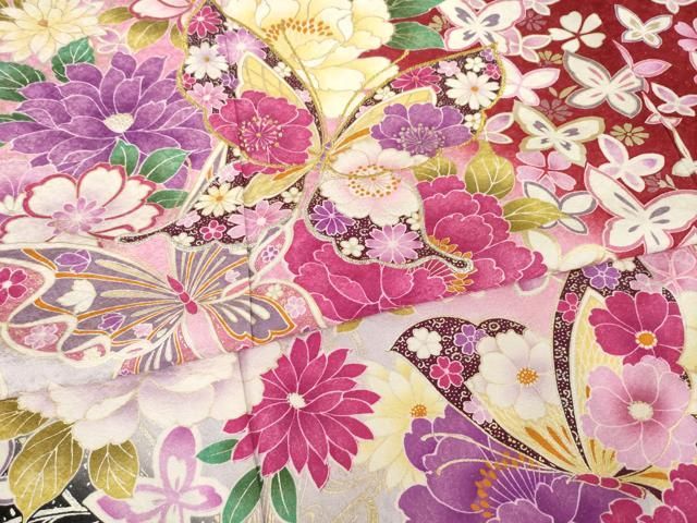 平和屋着物●豪華振袖 花蝶文 暈し染め 金銀糸 金銀彩 銀通し地 ロング丈 正絹 逸品 AABN8721ck