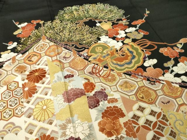 平和屋着物●創業460年・千總 黒留袖 駒刺繍 幔幕御所車花文 金彩 正絹 逸品 AABN8754ck
