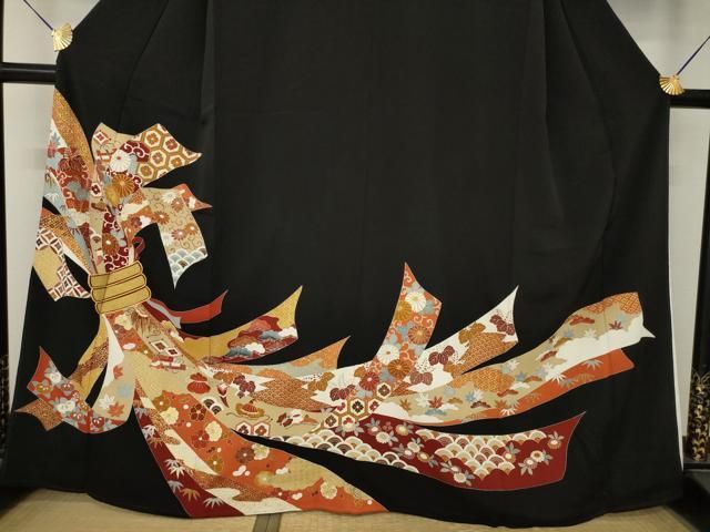平和屋着物●創業460年・千總 黒留袖 駒刺繍 束ね熨斗文 大丸扱い 正絹 逸品 AABN8757ck