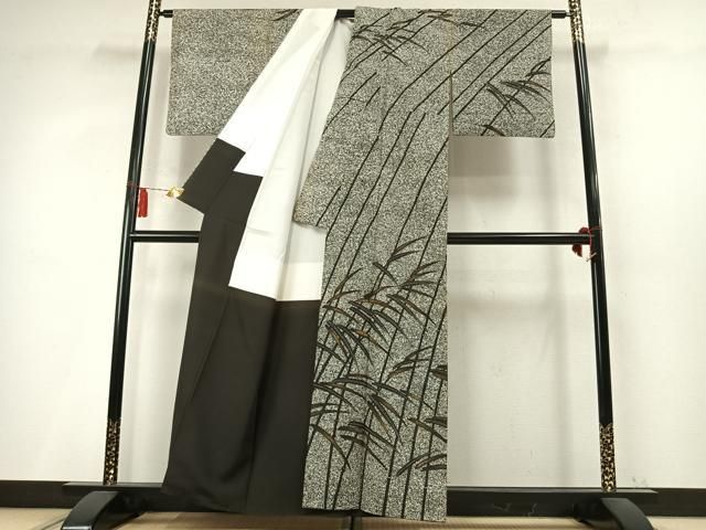 平和屋着物●石川県指定無形文化財 牛首紬 白山工房 手織 日本工芸会正会員 京友禅作家 清水光美 訪問着 笹竹文 たたき染 逸品 AABN9340fy
