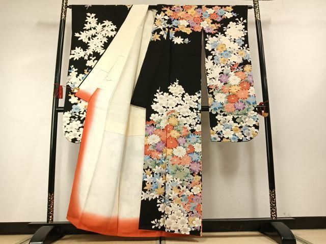 平和屋着物●豪華振袖 草花文 黒地 金彩 正絹 逸品 AABN9351fy