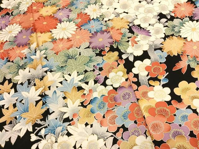 平和屋着物●豪華振袖 草花文 黒地 金彩 正絹 逸品 AABN9351fy