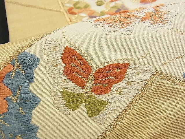 平和屋着物■六通柄袋帯 唐織 亀甲花蝶文 金糸 逸品 n-am0829