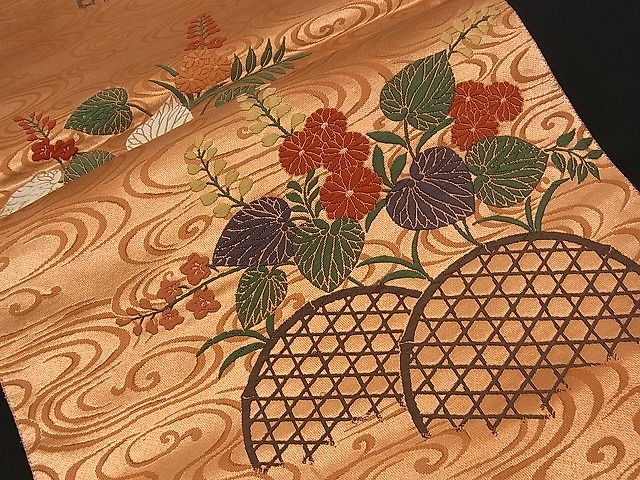 平和屋着物■六通柄袋帯 唐織 流水籬草花文 蘭錦 逸品 n-am0980