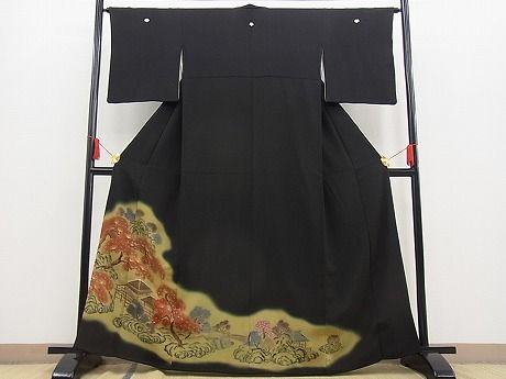 平和屋着物■豪華黒留袖 手描き 金糸刺繍 老松風景文 暈し染め 金銀彩 逸品 n-ar2050