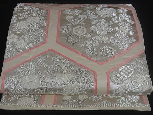 平和屋着物■六通柄袋帯 亀甲花文 宝尽くし 銀糸 逸品 ar3757