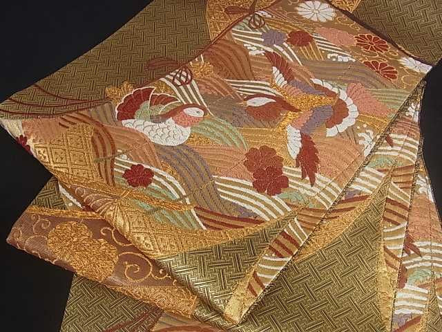 平和屋着物■佐賀錦 六通柄袋帯 立波鴛鴦花文 金糸 逸品 ar3789