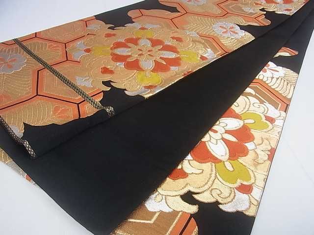 平和屋着物■六通柄袋帯 正倉院花文 黒地 金銀糸 逸品 ar4340