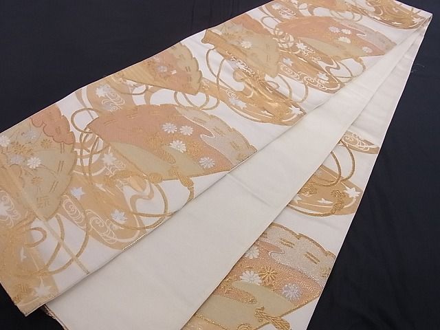 平和屋着物■六通柄袋帯 唐織 扇面花文 金銀糸 正絹 逸品 A-az4847