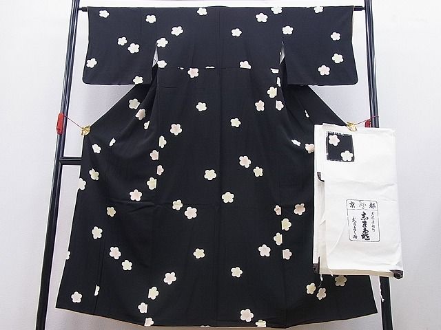 平和屋本店■銀座 志ま亀 小紋 舞花文 黒地 畳紙付き 逸品 BAAA3011zb4 - 平和屋