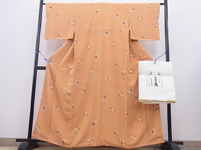 平和屋本店■極上 銀座 志ま亀 小紋 手描き 更紗花丸文 赤朽葉色地 畳紙付き 逸品 未使用 BAAA3144zb4 - 平和屋