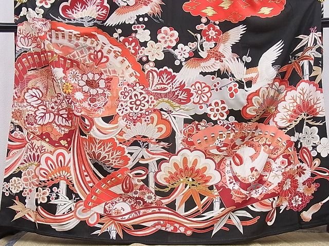 平和屋本店■極上 アンティーク 大正ロマン 振袖 駒刺繍 檜扇鳳凰吉祥花文 金彩 逸品 BAAA3179zb4 - 平和屋