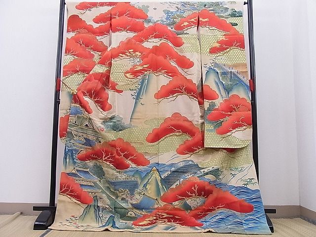 平和屋本店■極上 アンティーク 大正ロマン 振袖 お引きずり 渡橋風景松文 金彩 逸品 BAAF0401zb4 - 平和屋