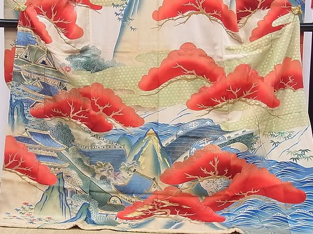 平和屋本店■極上 アンティーク 大正ロマン 振袖 お引きずり 渡橋風景松文 金彩 逸品 BAAF0401zb4 - 平和屋