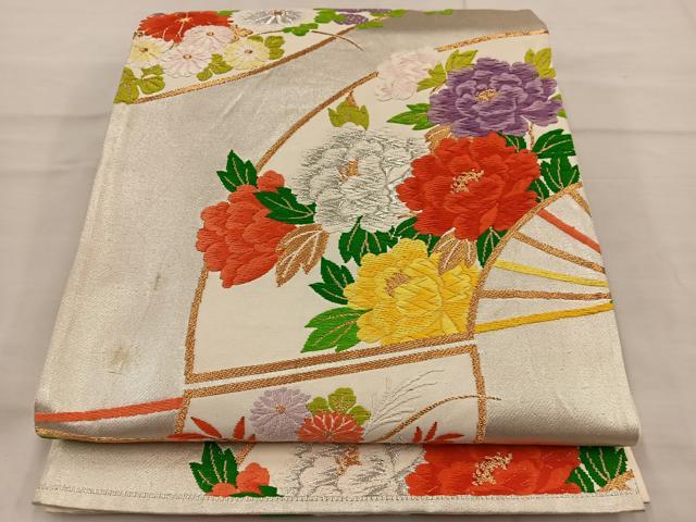 平和屋着物◎六通柄袋帯 唐織 扇面繋ぎ花文 金銀糸 正絹 逸品 BAAI6788di