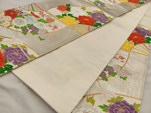 平和屋着物◎六通柄袋帯 唐織 扇面繋ぎ花文 金銀糸 正絹 逸品 BAAI6788di