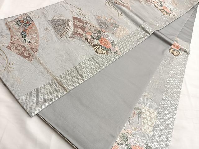 平和屋着物◎六通柄袋帯 唐織 流水地紙花車文 金銀糸 正絹 逸品 BAAK1033du
