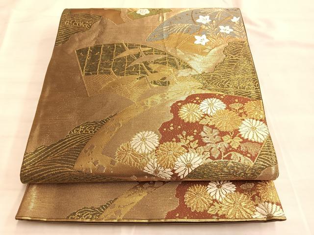 平和屋着物◎六通柄袋帯 織功 地紙飛鶴秋草文 金糸 正絹 逸品 BAAK1043du