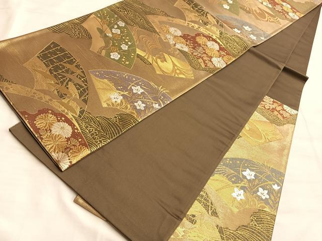 平和屋着物◎六通柄袋帯 織功 地紙飛鶴秋草文 金糸 正絹 逸品 BAAK1043du