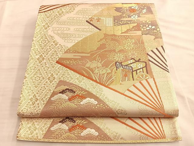 平和屋着物◎六通柄袋帯 唐織 玉庭御幸文 金糸 正絹 逸品 BAAK1056du