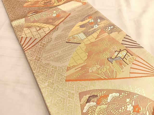 平和屋着物◎六通柄袋帯 唐織 玉庭御幸文 金糸 正絹 逸品 BAAK1056du