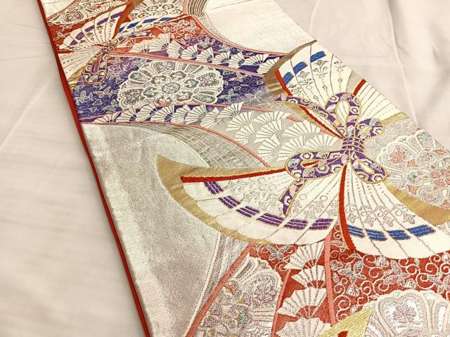 平和屋着物◎六通柄袋帯 唐織 舞蝶扇文 金銀糸 正絹 逸品 BAAK1145du