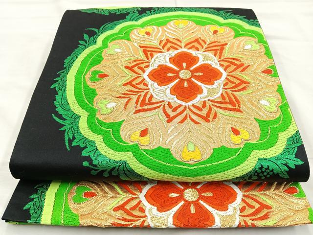平和屋着物◎六通柄袋帯 唐織 花菱 黒地 金糸 正絹 逸品 BAAL0144cm