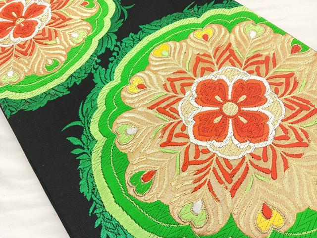 平和屋着物◎六通柄袋帯 唐織 花菱 黒地 金糸 正絹 逸品 BAAL0144cm