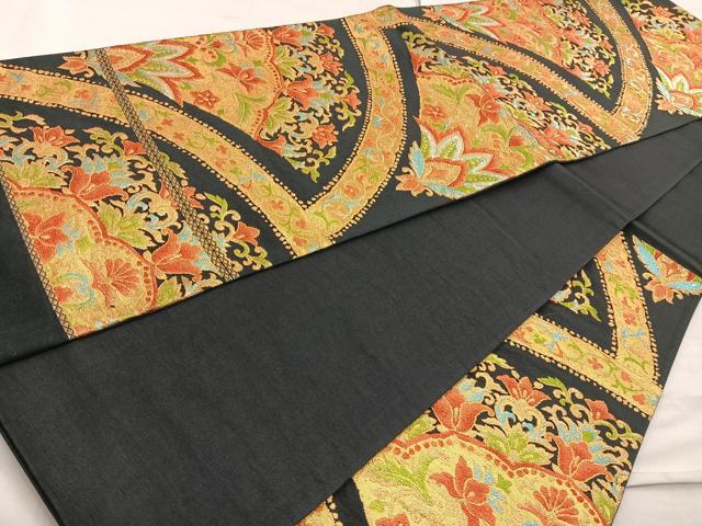 平和屋着物◎六通柄袋帯 宝相華 黒地 金糸 正絹 逸品 BAAL0150cm