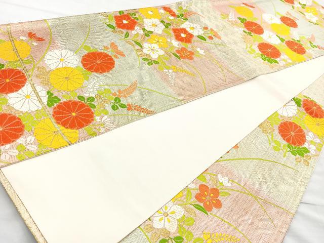平和屋着物◎六通柄袋帯 唐織 春秋文 金糸 正絹 逸品 BAAL0152cm